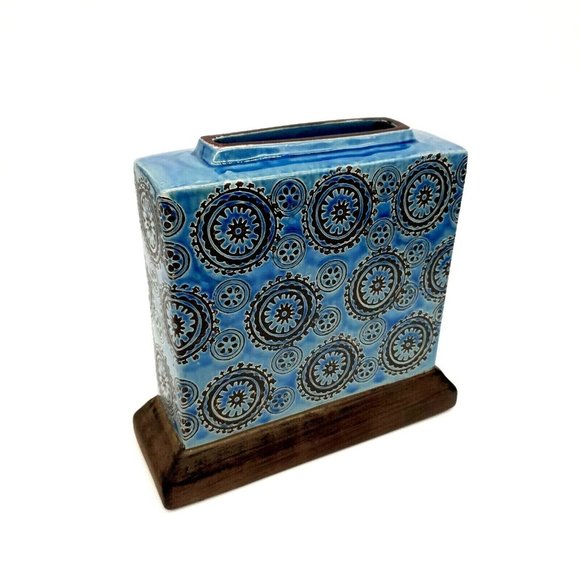 Rectangular Floral Vase Blue Ceramic Glazed 8" x 8" Square Centerpiece Home Deco - Picture 1 of 9